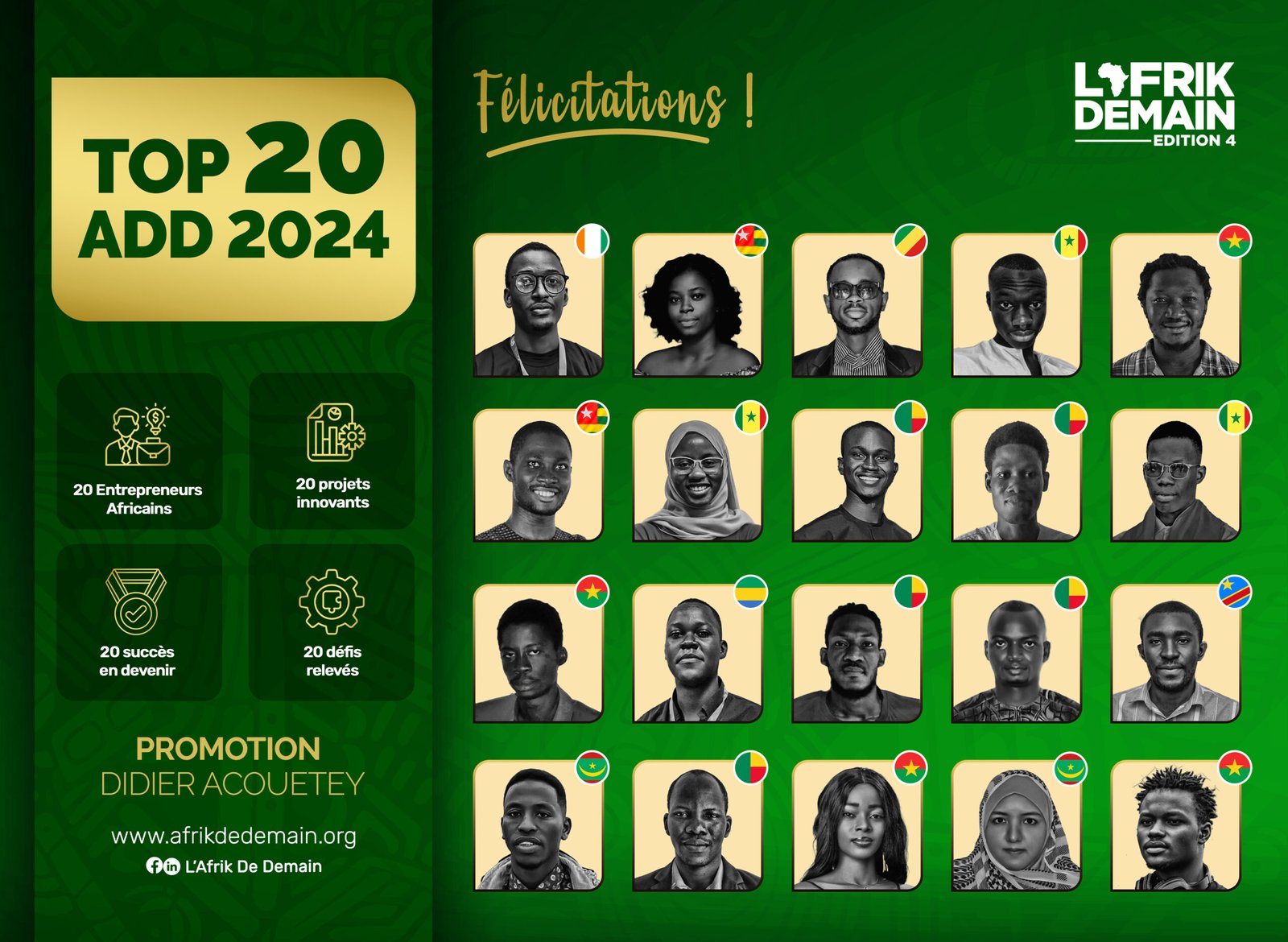 TOP 20 ADD 2024 : SECTION OFFICIELLE DES LAURÉATS DE LA 4E EDITION DU PROGRAMME L’AFRIK DE DEMAIN